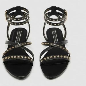 ZARA black stud leather flat sandals - sz 38